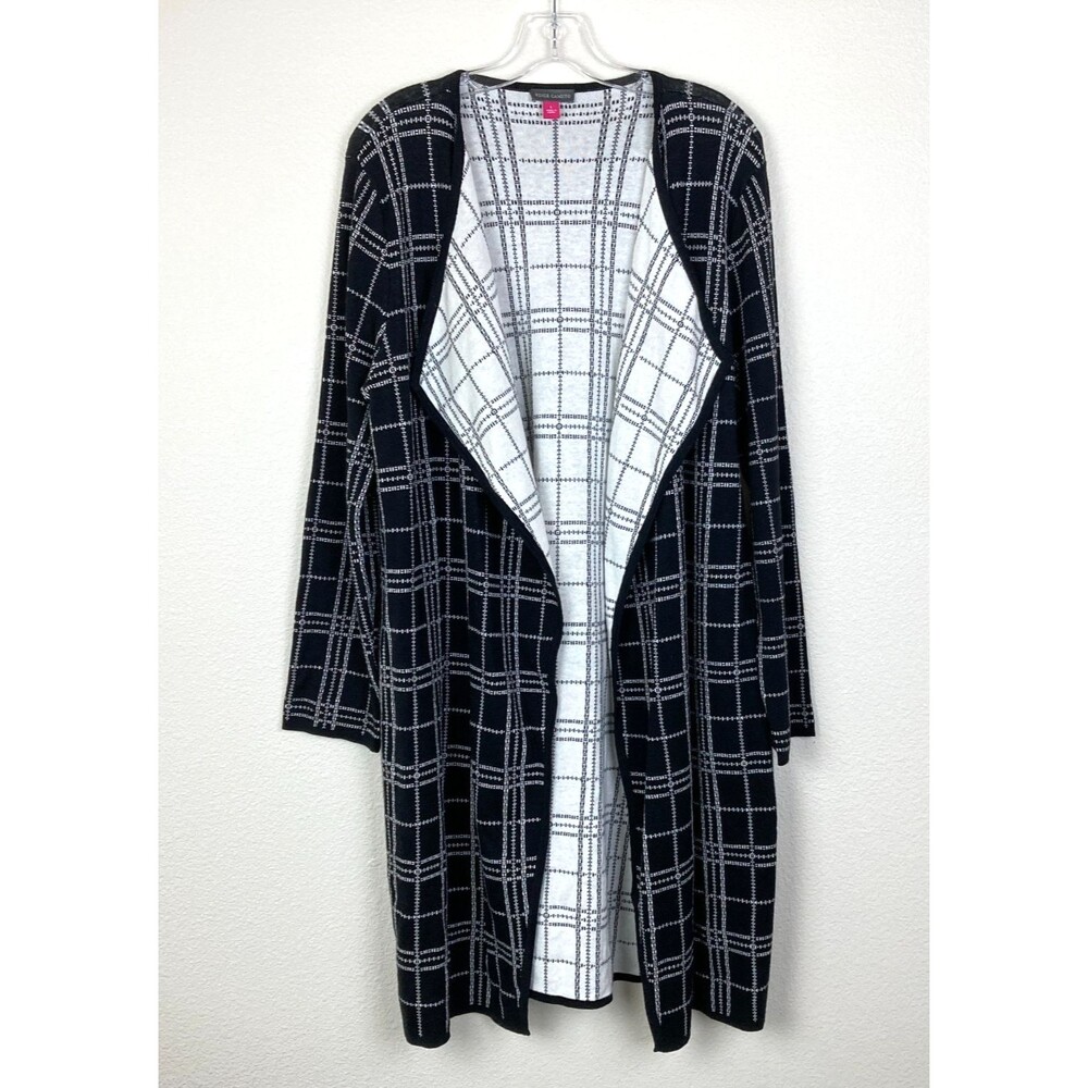 Vince Camuto Plaid Open Front Long Cardigan Women's Size L Black/White Soft
